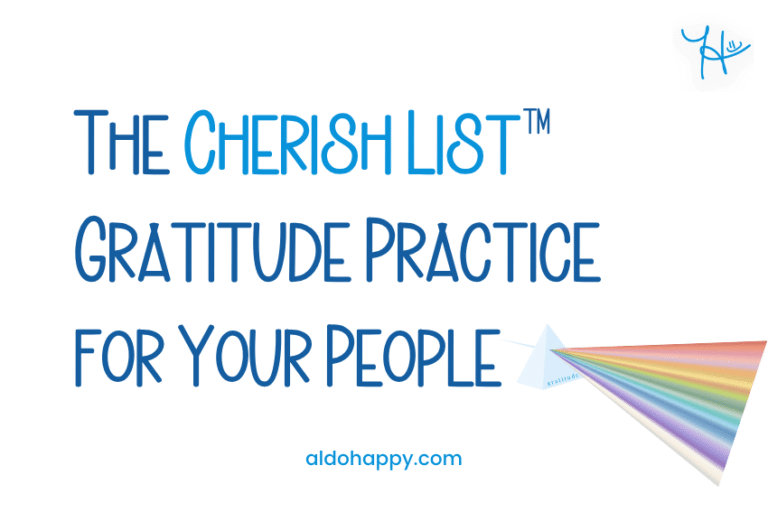 Prism refracting light into a full color spectrum with the word gratitude — The Cherish List™ Gratitude Practice for Your People — a little dose of happy