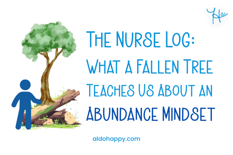An illustrated figure standing beside a fallen tree growing new life — The Nurse Log: What a Fallen Tree Teaches Us About an Abundance Mindset — a little dose of happy
