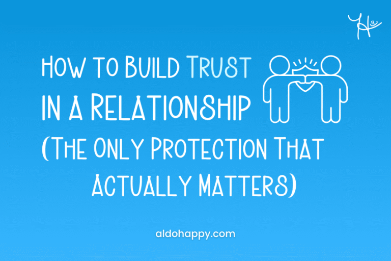 Two illustrated figures fist bumping in front of a shield of trust — How to Build Trust in a Relationship (The Only Protection That Actually Matters) — a little dose of happy