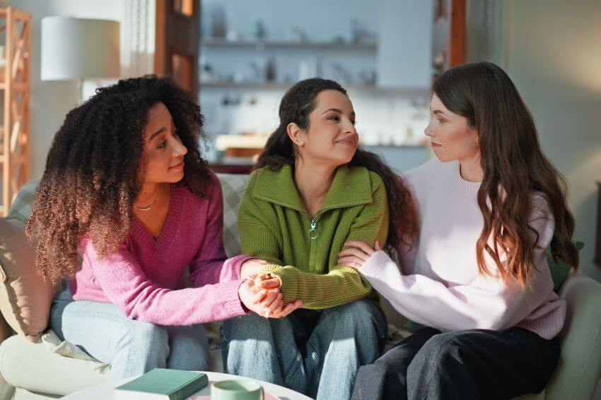 Three women sitting close together on a couch, holding hands and listening to each other, exactly what it looks like to surround yourself with good people.